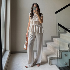 Set <span class=keywords><strong>taglie</strong></span> <span class=keywords><strong>forti</strong></span> da donna abito Casual collo a o senza maniche plissettato pantaloni larghi da ufficio elegante completo da donna estivo - Product Image 6
