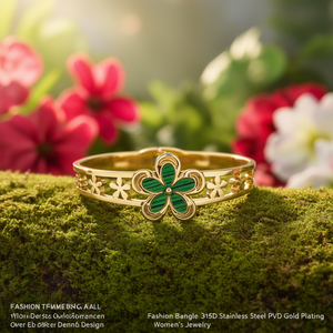 Bracelet tendance en acier inoxydable 316L plaqué or PVD, motif fleur verte, bijoux pour femmes - Product Image 3