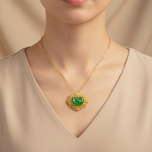 Colgante auspicioso y alegre tallado en jade verde maya feicui de grado A, de oro puro 999 original. - Product Image 2