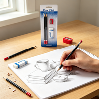 Lot de 4 crayons HB en blister, comprenant 2 crayons à mine noire et rouge, un taille-crayon et une gomme blanche FLOWood pour étudiants