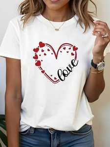 Regalo Romantico per San Valentino, T-Shirt Casual da Donna Taglie Forti con Stampa Cuore e Amore, Collo Tondo, Primavera-Estate, 100% Cotone - Product Image 3