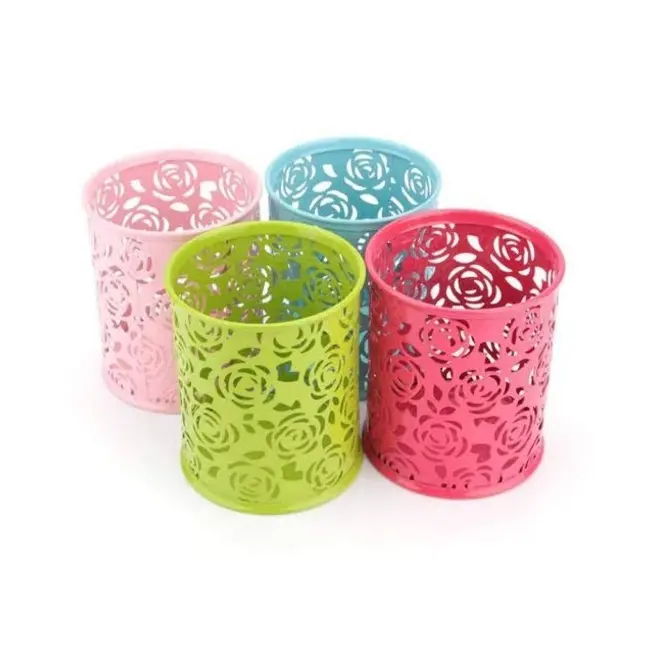 Metal Rose Flower Hollow Pen Pencil Pot Cylinder Container Makeup Cosmetic Brushes Holder Organizer Multi Color