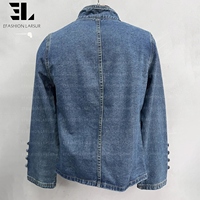 Veste Napoléon en jean vieilli LARSUR, coupe slim, col montant, style motard, avec short en jean, veste hussarde