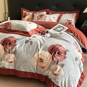Juego de ropa de cama de terciopelo esponjoso Rosa tamaño Queen Otoño Invierno edredón de franela suave y cálido juego de funda nórdica Reversible de lana de felpa - Product Image 3