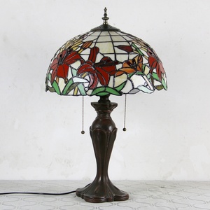 LongHuiJing Tiffany Style Reading Desk Lamp <b>Red</b> Floral Stained Glass Lamo Lampshade Table Lights Home Table Lamp Stand Lamp - Product Image 3
