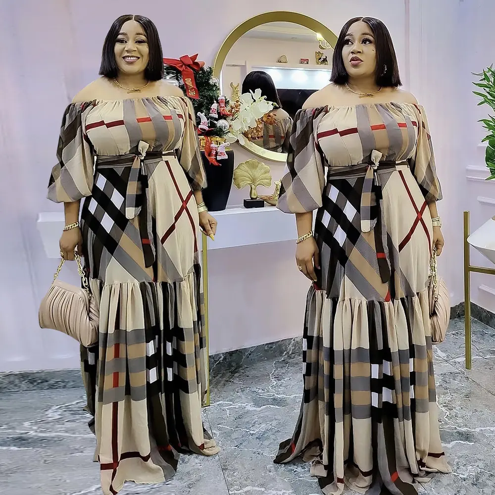 2023 Herbst neue afrikanische Plus Size Damen Plaid Print Riemchen One-Shoulder-Kleid