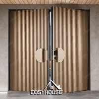 Porte d'entrée double en bois rainuré moderne de luxe avec lattes verticales, porte principale extérieure avec serrure intelligente pour villa