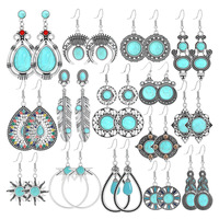 Boucles d'oreilles pendantes bohèmes à pampilles bleu turquoise pour femme, style européen et américain, en alliage géométrique, bijoux vintage tendance 2026