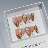 Faux ongles à presser en acrylique faits main, 10 pièces, couvrance totale, forme amande, pré-dessinés avec colle, motif floral personnalisé pour doigts