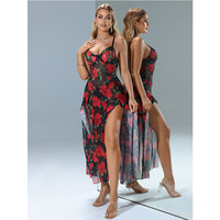 Robe de nuit élégante pour femme, sexy, florale, à bretelles, moulante, asymétrique et fendue