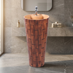 Ceramic Sanitary Wooden Color Luxury Bathroom Designer Round Bowl Big Sterling Pedestal Wash Basin, Wooden Pedestal Sink Price - Product Image 6