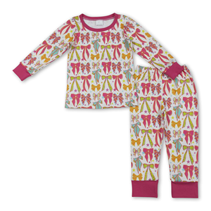 Sibling Matching Casual Eco-Friendly Pajamas Kids Short Sleeve Ruffle Outfit <b>Cute</b> Bow Print Girls Nightwear Set - Product Image 5