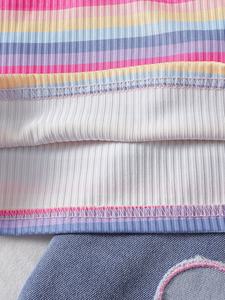 Completo da <span class=keywords><strong>bambina</strong></span> 2026 in stile western: Top a righe con risvolto e pantaloncini in denim con orlo floreale ricamato irregolare - Abbigliamento per bambine - Product Image 4