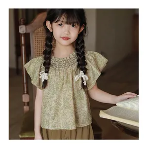 YOEHYAUL cotone pieghettato elegante giovane ragazza camicetta per bambini Vintage digitale stampato floreale per bambini camicetta T-Shirt da ragazza