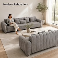 Ensemble de canapés modernes en tissu gris, 2 pièces, canapé sculpté capitonné avec incrustations métalliques argentées, canapé rembourré de luxe pour salon