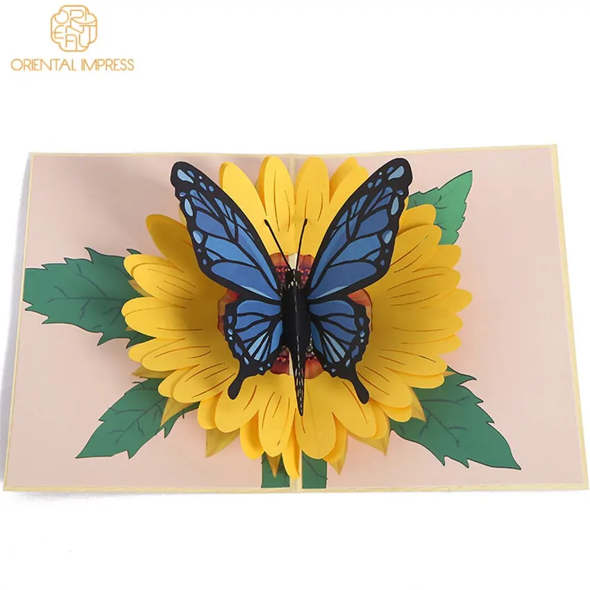 Harga Pabrik Buatan Tangan Pop Up Kupu-kupu dan Bunga Matahari 3D Kartu Ucapan Liburan