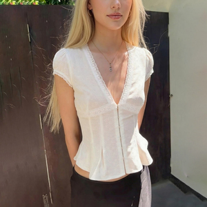 Jacquard Knit V Neck Button <b>Down</b> T Shirt Women Short Sleeve Slim Fit Top Textured Fabric Casual Elegant Versatile Summer Tee - Product Image 4