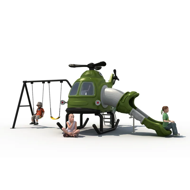 Salıncak slayt ile koyu yeşil helikopter çok fonksiyonlu anaokulları parkı çevre dostu bahçe slayt