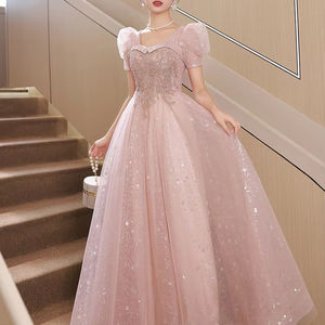 Nuevo Estilo de Verano Vestido de Noche Rosa Princesa con Manga Abullonada, Estilo Hada Dulce y Elegante, para Banquete, Reunión Anual y Examen de Arte - Product Image 1