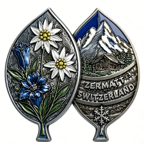 Pin Metálico de Recuerdo de Zermatt, Suiza, Diseño de Montaña con Flores en Relieve de Doble Cara, Plateado, Aleación de Zinc, Esmalte Duro - Product Image 5