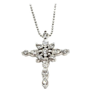 Ciondolo a Croce in Oro Bianco con Diamanti Taglio Marquise Colore D Naturale Gioiello Religioso Unisex - Product Image 1