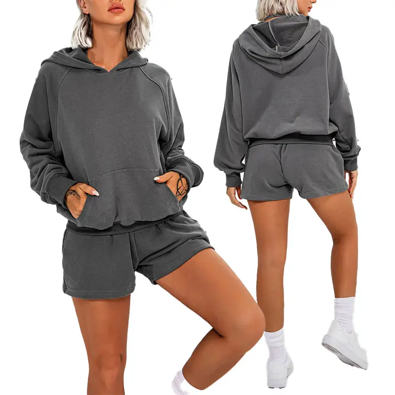 맞춤형 프랑스 테리 운동복 여성 2 종 반바지 세트 오버사이즈 캐주얼 포켓 후드 스웻셔츠 및 탄성 허리 반바지 세트