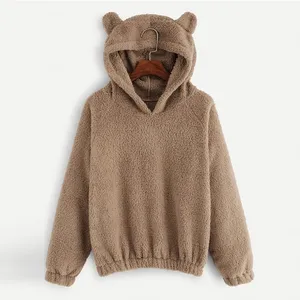 QRWR 2020 Autumn Winter women Sweatshirt Lovely Bear Ears Solid Color Fleece Hoodies Casual Kawaii Plush Warm SweatshiRT Women