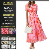 Robe longue bohème rose et rouge personnalisée, col en V floral, manches volantées, taille smockée, en mousseline, pour vacances d'été, style swing, fabricant OEM