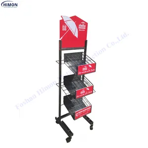 Retail Store Point Of Sales Metal 3 Tiers Shelf Stand With Wheels Rack Display For Umbrella
