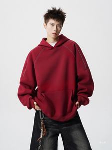 Wine <b>Red</b> Solid Reflective Strip Stitching 100% Cotton Loose Fit Autumn <b>Men's</b> Heavy <b>Fleece</b> Anti-shrink Hoodie & Sweater Jacket - Product Image 4