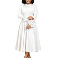 D645 Robes d'église tendance pour femmes, décontractées et élégantes, col rond, fleurs 3D, manches longues, robes de soirée coupe trapèze, robe africaine pour femmes