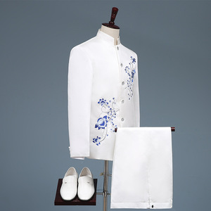 2024 nouveaux hommes Zhongshan <span class=keywords><strong>costume</strong></span> ensemble simple boutonnage plat avant <span class=keywords><strong>bleu</strong></span> <span class=keywords><strong>blanc</strong></span> porcelaine <span class=keywords><strong>mariage</strong></span> hôte <span class=keywords><strong>costume</strong></span> pour scène chœur Performance - Product Image 2
