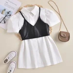 Kids Girls Summer Casual Clothes Set 2Pcs Solid Color PU Leather Strap Sleeveless Vest Tops +White Shirt Dress