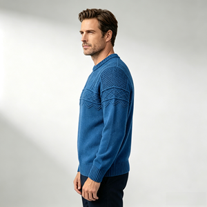 Pull en tricot torsadé pour homme, col rond, manches longues, couleur indigo, pull d'hiver, logo personnalisé - Product Image 2