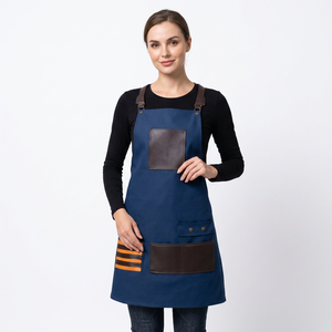 Tablier de coiffeur professionnel robuste en jean bleu avec accents en cuir et bretelles croisées, capes et tabliers de barbier - Product Image 2