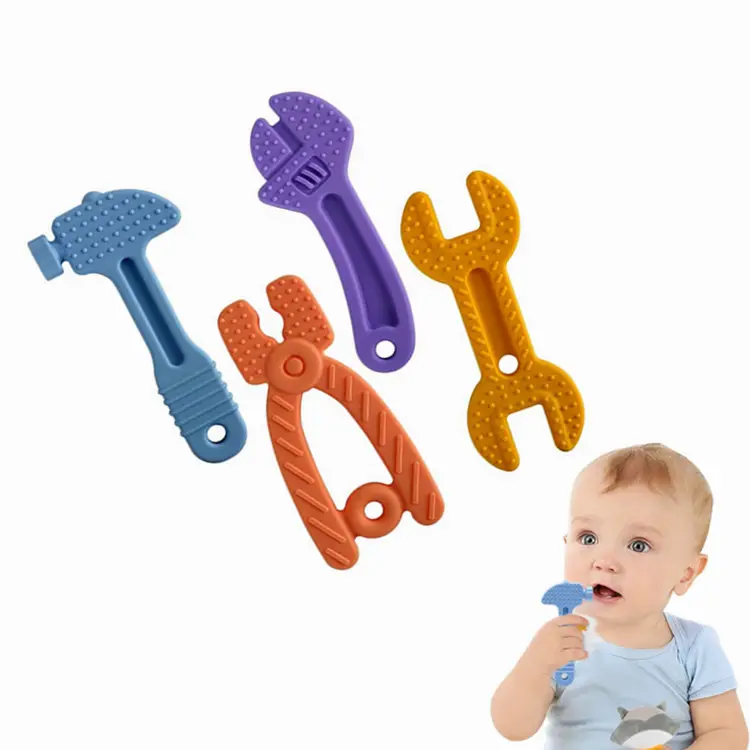 Hugebirds 4 pack Hammer &wrench and Vise Shape Teething Toys BPA Free Chew Toys Food Grade Silicone Baby Teether