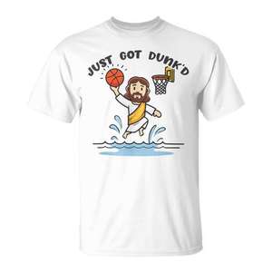 Camiseta de baloncesto Just Got Dunked Jesus para adultos, unisex, blanca, 100% algodón - Product Image 1