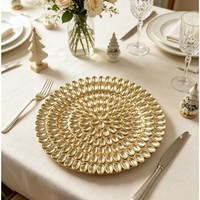 Assiette de présentation Woju 13 pouces en plastique plaqué or avec perles, luxe moderne, pour mariage, banquet, fête
