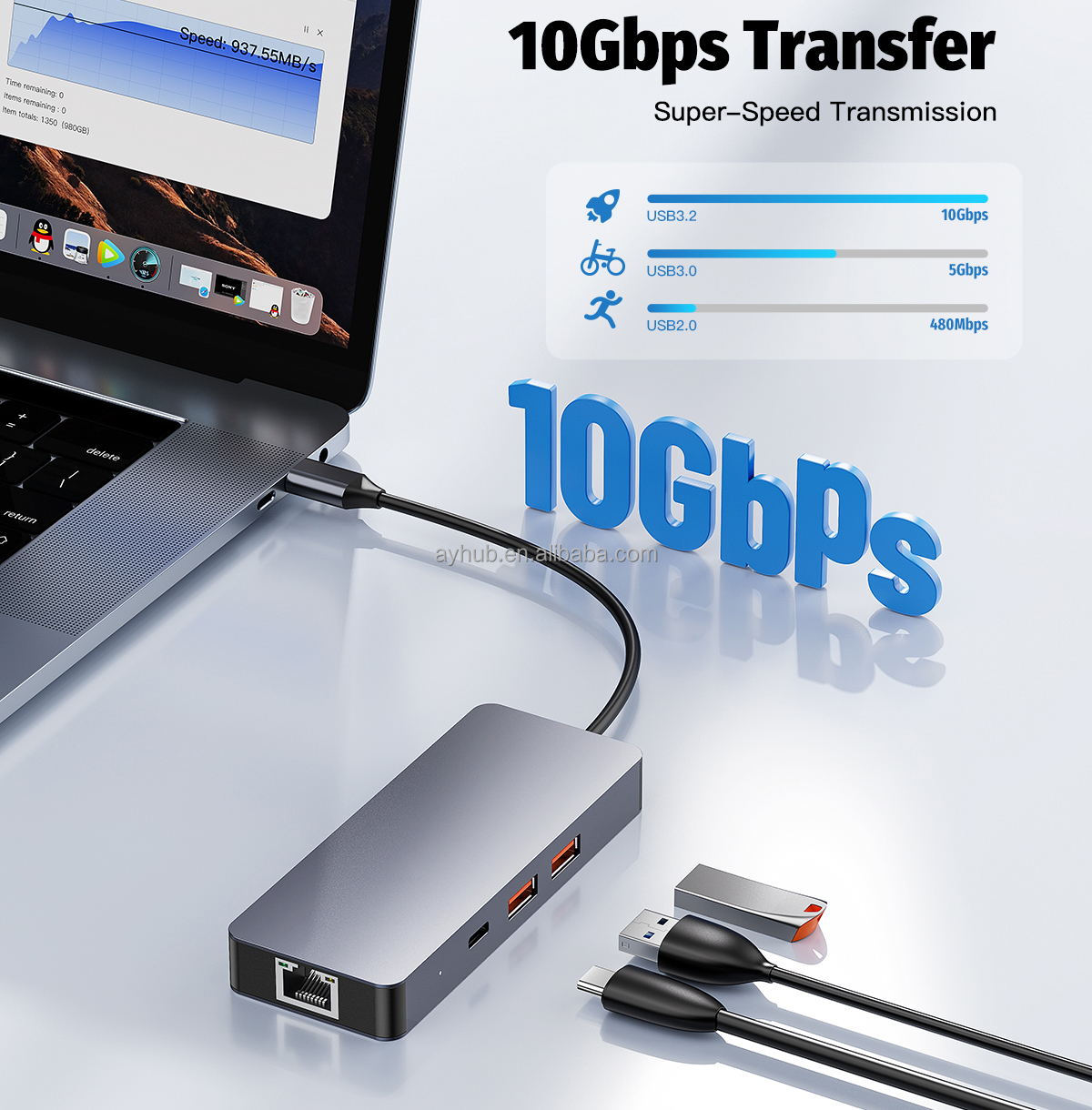 6-In-1 USB-C Hub Type C To HD USB 3.2 10Gbps PD 100W Adapter Computer and Pad Accessory