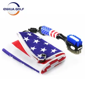 미국 플래그 골프 수건 + 브러쉬 도구 키트 클럽 클리너 골프 청소 액세서리 독특한 디자인 Enhua 공장