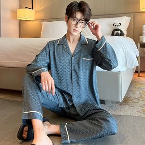 Conjunto de <span class=keywords><strong>Pijamas</strong></span> largos para hombre, primavera Otoño, manga larga, fina, de seda de hielo, de gama alta, Jacquard, talla grande, se puede usar fuera del hogar, traje de ropa - Product Image 2