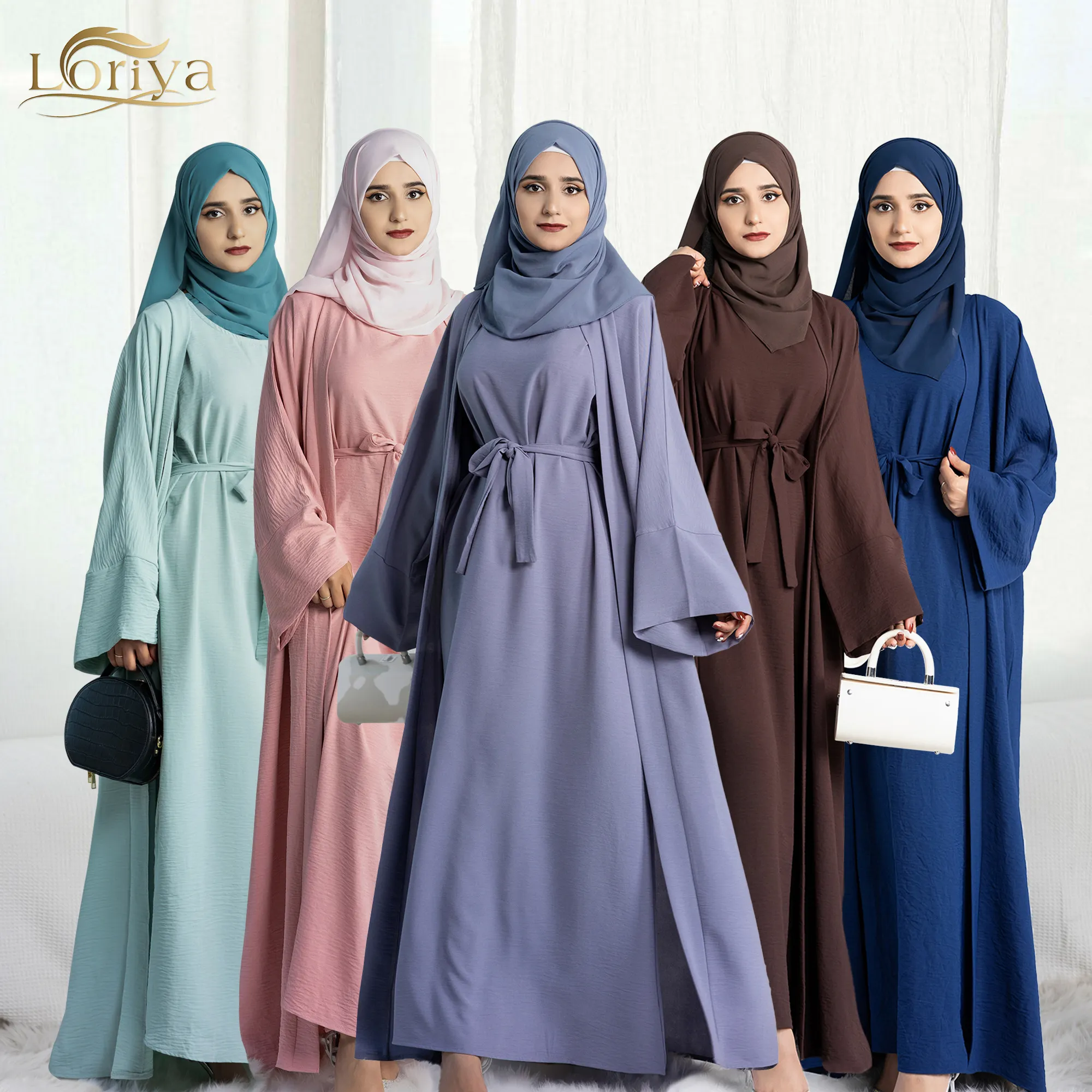 Loriya Top Selling Muslim women 2pcs Abaya set Plain Polyester long dress kimono Cardigan Islamic Clothing