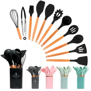Amazon Top Seller 12 pcs Custom logo Kitchen Utensils Kitchen Accessories Beech Wooden Handle Cooking Tool Silicone Utensils Set