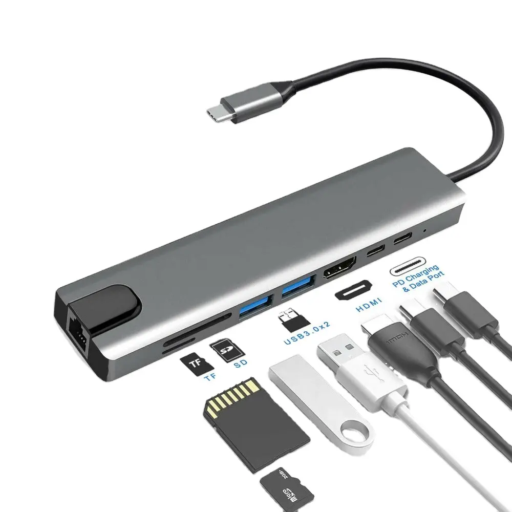 8 in 1 Typt-C USB tip C HDMI RJ45 Gigabit Ethernet adaptörü USB 3.0 HUB Dock ile kart okuyucu PD şarj 87W 4K çoklu adaptör