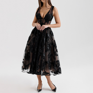Robe de soirée élégante en dentelle noire pour femmes, robe de <span class=keywords><strong>cocktail</strong></span> formelle, robe de fête en tulle floral, source d'usine - Product Image 2