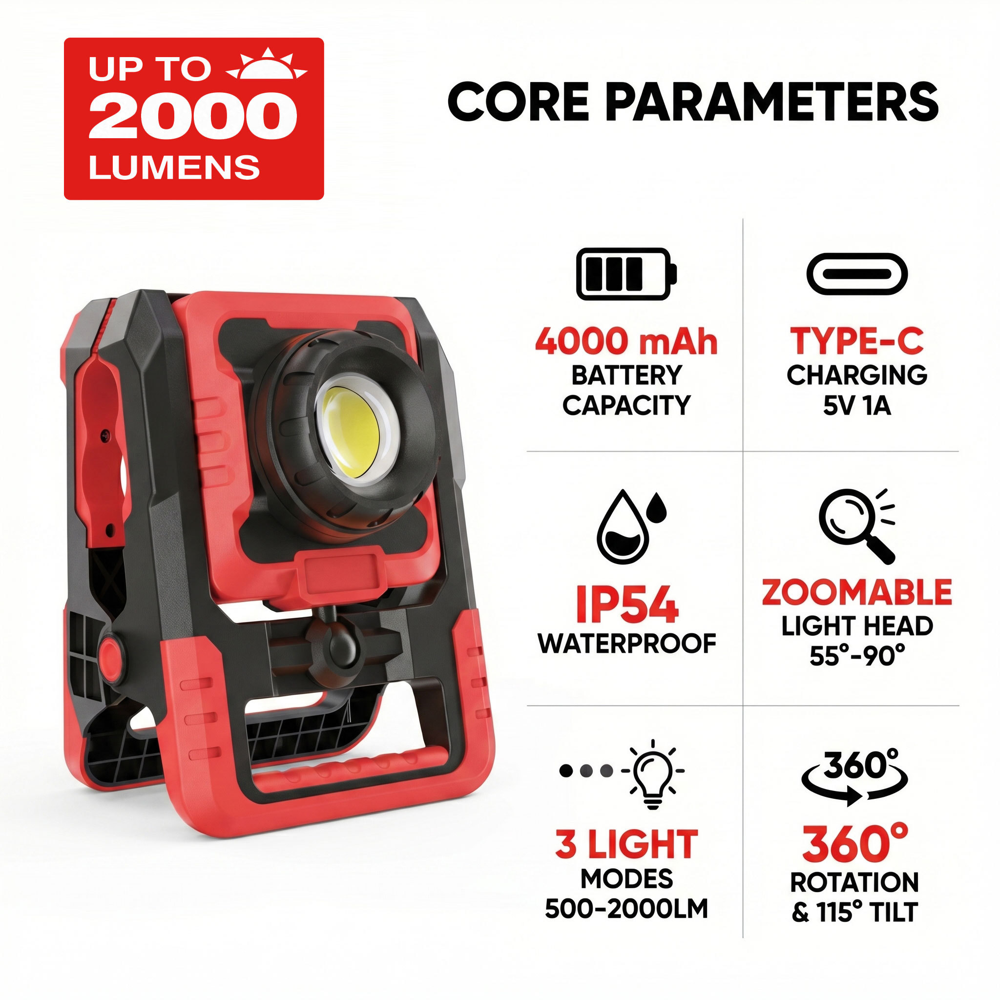Brimmel Rechargeable Clamp Work Light 3 Light Modes up to 2000lm 5V 1A Indoor Outdoor Waterproof IP54 for Camping Car Repair