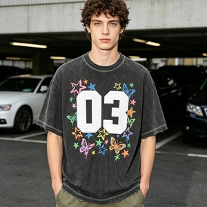 High Quality Custom Contrast Stitch Acid <b>Wash</b> Puff Print Men's T Shirt Flat Embroidery Hand Drawn Print Distressed Loose T-shirt - Product Image 3
