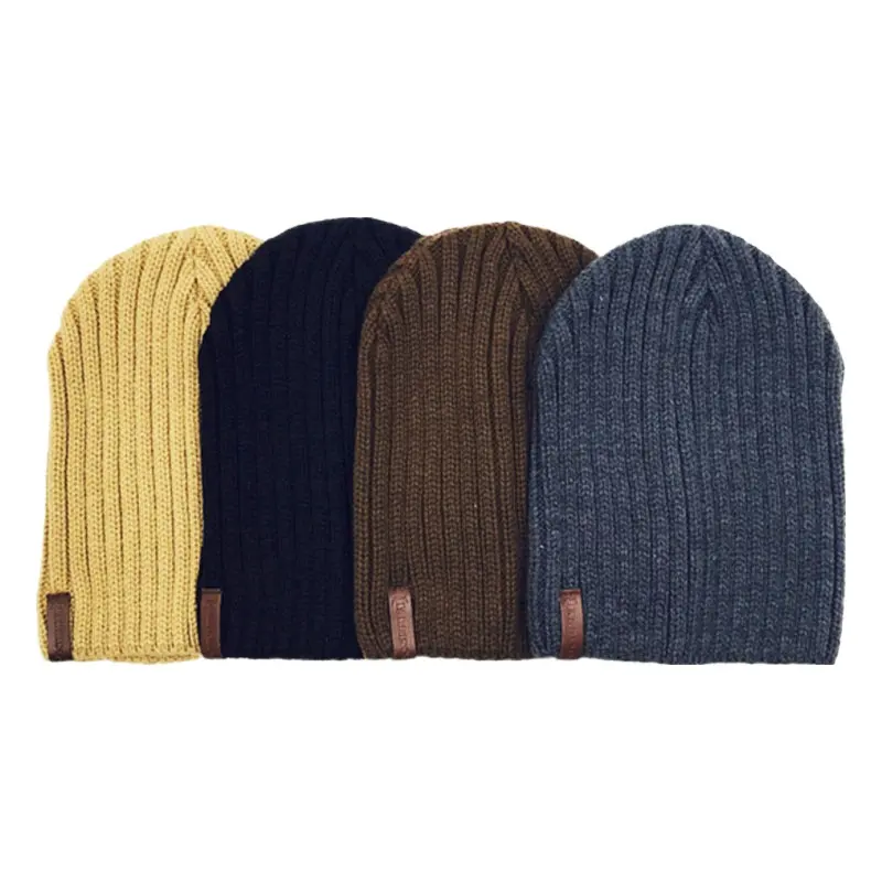 Various Color Unisex Warm Winter Customized PU Label Knitted Ribbed Blank Mens Cotton Beanie Hat Cap