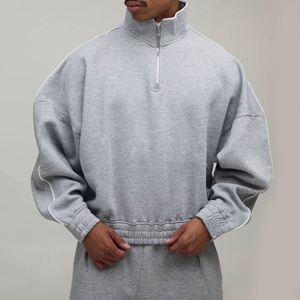 <b>Men</b> Heather Grey Cropped Quarter <b>Zip</b> Sweatshirt Contrast Piping Stand Collar Oversized Batwing Sleeve Sport Pullover <b>Top</b> - Product Image 1