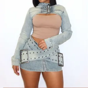 Nouveau à la mode décontracté Sexy Denim lavé à manches longues évider veste courte haut deux pièces Jean jupes Denim robe femmes jupes ensemble